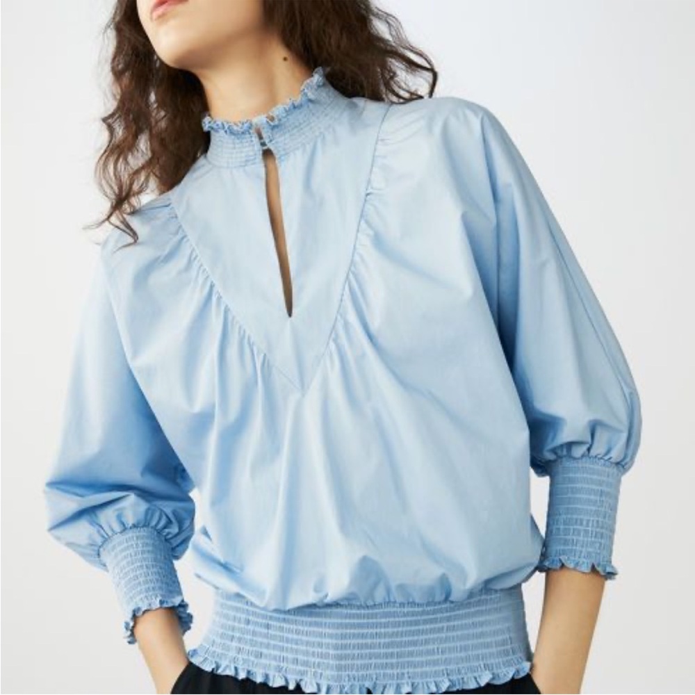 Maje Libou Smocked Blouse women's size 1(S) blue batwing cotton cottage